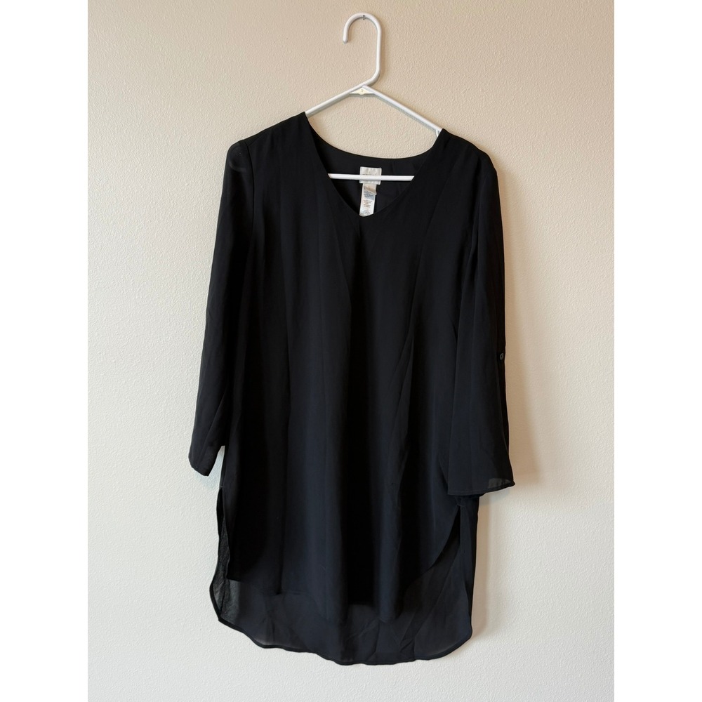 Chicos Black Chiffon Overlay Tunic V-Neck 3/4 Sleeve Blouse Women's Size 1 Med